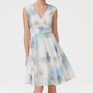 CALVIN KLEIN White Multicolor Floral Print Knee Length Belted Flare Dress S